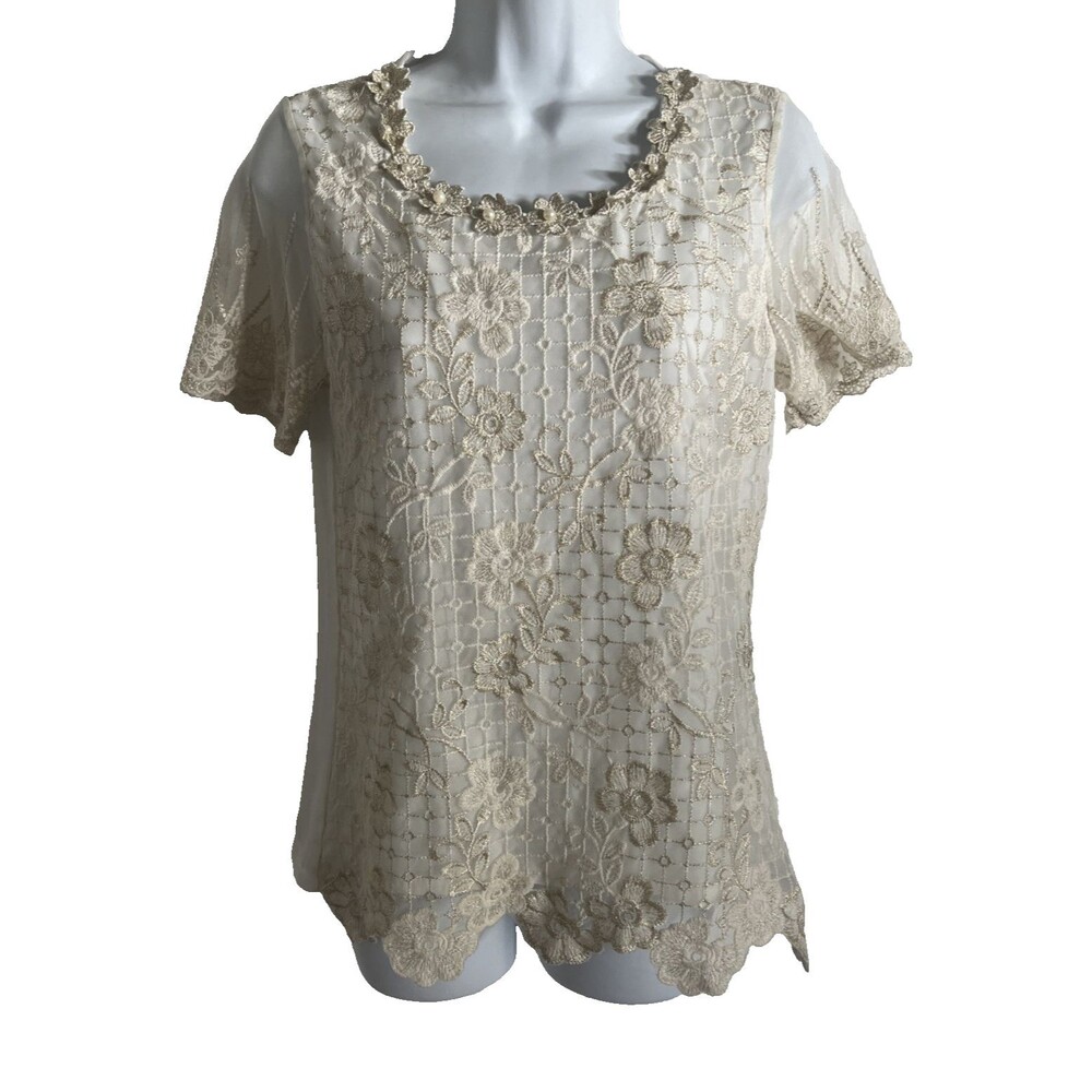 Womens Ivory Lace With Flowers & Pearls Short Sleeve Top Sz XL  (fits like S/M)